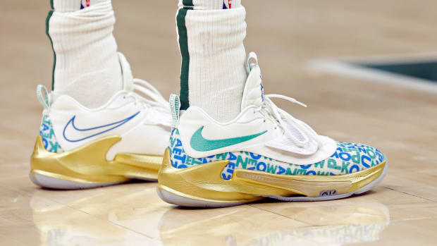 Nike Zoom Freak 3 worn by Milwaukee Bucks forward Giannis Antetokounmpo.